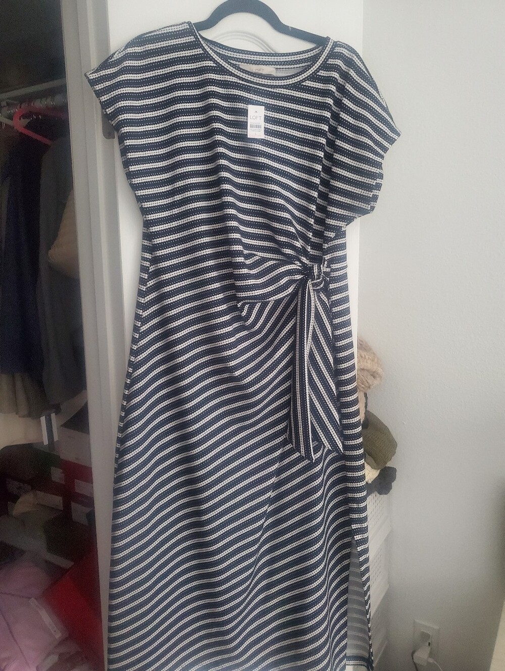 Striped Black and White Tie-Waist Midi Dress